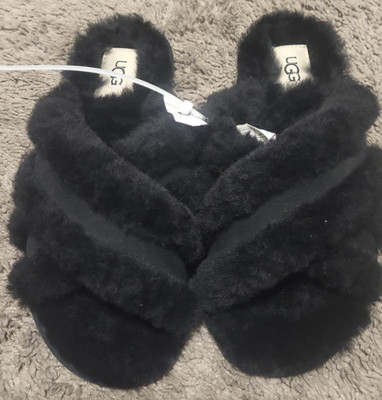 NWT UGG Fluff Sugar Sandal Womens 6 Black Sheepskin Slides 1123772 SugarSole