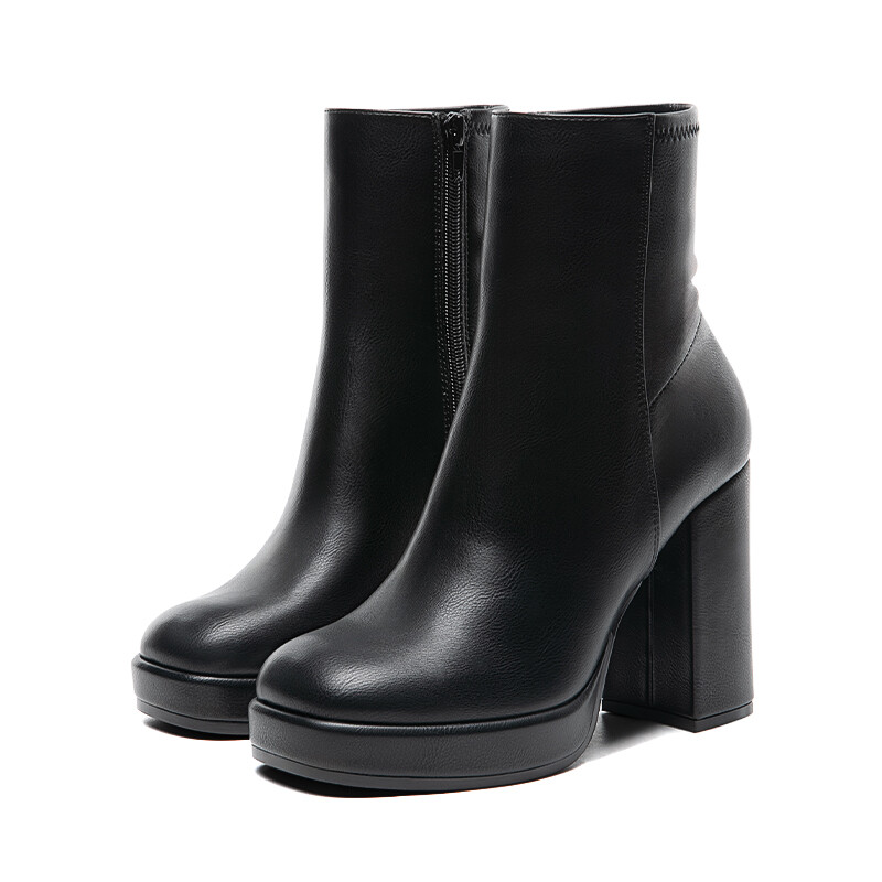 Women Platform Booties Round Toe High Chunky Block Heel Ankle