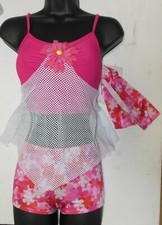 2 PCS Dance Costume Foil Booty shorts Daisy Print White Mesh skirting Ch/Ladies