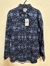 Ely Cattleman Mens Large Long Sleeve Button Up Cotton Flannel Aztec Blue NWT