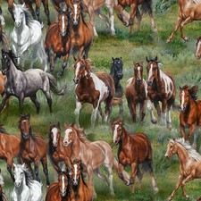 Wild Free Running Horses Green 100 Cotton Fabric by The Yard