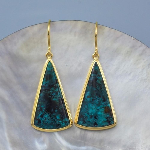 Earrings 18K Gold Vermeil Sterling Silver Gem Silica Chrysocolla Cabochon 7.35 g - Picture 7 of 8