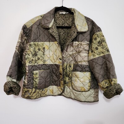 Vintage Quilted Patchwork Reversible Silk Jacket Women Large Green Chore Cottage