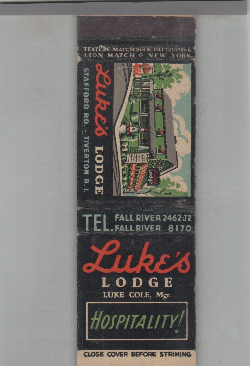 Matchbook Cover Stripped Feature Luke's Lodge Tiverton, RI