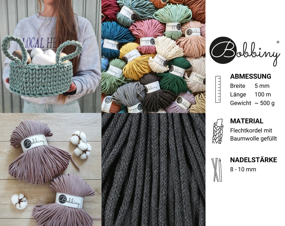 BOBBINY 5mm Premium cordoncino intrecciato 100 m filo uncinetto macramè 50 colori - Immagine 2 di 4