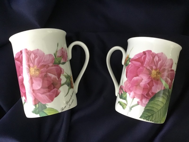2 ROYALE GARDEN rosa BOTANICA mugs FINE BONE CHINA STAFFS ENGLAND beautiful!