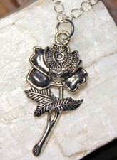 Silver Stainless Steel Chain 18" Necklace Rose Bud 3D 2" Pendant Flower pewter