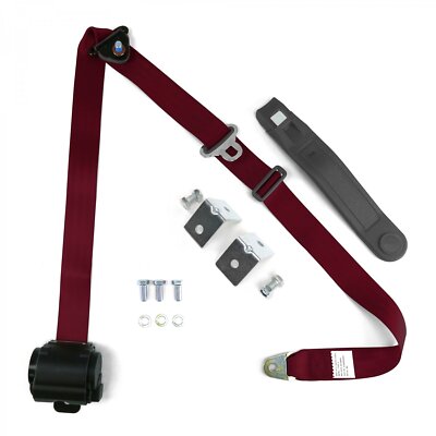 3 Point Burgundy Retractable Seat Belt w/ Mounting Brackets - Standard Buckle ra