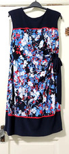 FLASH SALE!! Womens R&K STRETCHY A-Line Dress Large Navy Blue Red Ruch Waist Tie