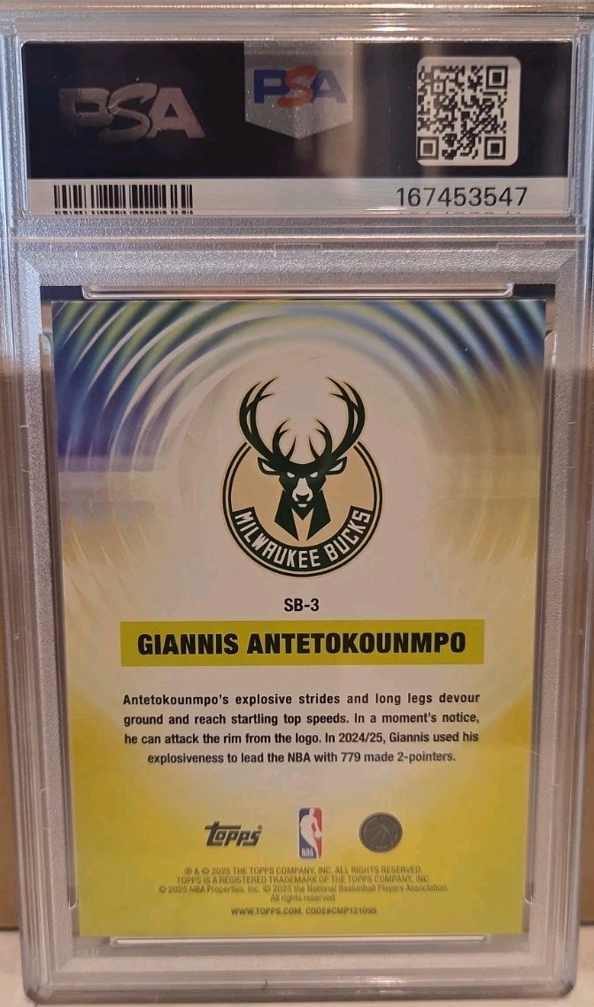 2025-26 Topps - Sonic Boom SP Giannis Antetokounmpo #SB-3 PSA 9 view 2