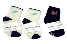 Janie And Jack Socks Lot Of 6 Size 6-12M Navy White Grey Plaid Fish Train