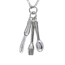 KNIFE FORK SPOON Necklace - Pewter Chef Cook Cooking Food Utensils Flatware Eat