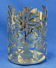 Bath & Body Works Round Silver 3-Wick Floral Flower Candle Holder - 6” Tall
