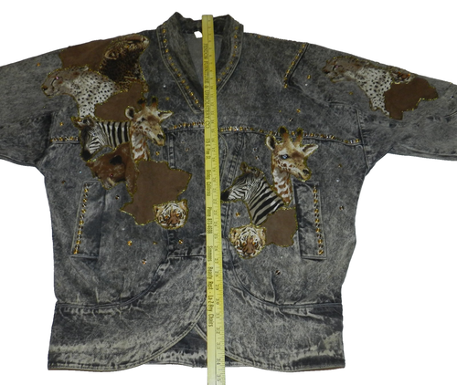 Vintage 70s/80s Denim Jacket Sz L Safari Animals Gold And Crystal Trim - Picture 8 of 16