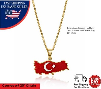Turkey Map Pendant Necklace Gold Stainless Steel Turkish Flag 20'' Chain
