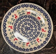 Boleslawiec Polish Pottery Dinner Plate NWT Reindeer Snowflakes Christmas 9.78"