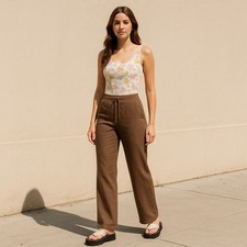 Vintage Rafaella 100 Linen Pants Womens 10 Brown Straight Leg Drawstring Casual