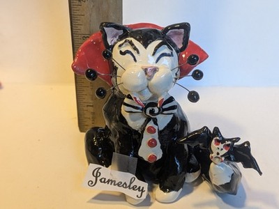 Jamesley- Vampire Cat In Black Cape & Tie, + Bat. Whimsiclay Signed Original