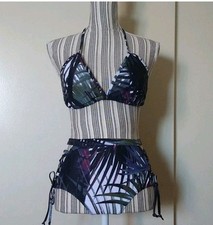 Halter High Waist 2pc Swim Bikini Set Strappy Size Medium Palms Leaves Print