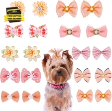 20 Pcs Small Dog Hair Bows, Coloful Cute Flower & Bow Dog Bows with Rubber Bands