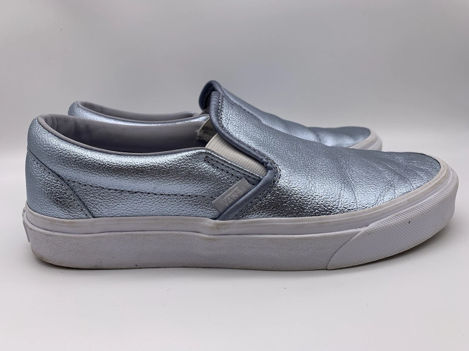 Scarpe da ginnastica VANS donna US 8 5 blu argento pelle classiche skate slip on