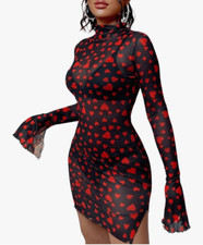 Shein Heart Print Sheer Mesh Bodycon Dress Stretch Long Sleeve Black Size S