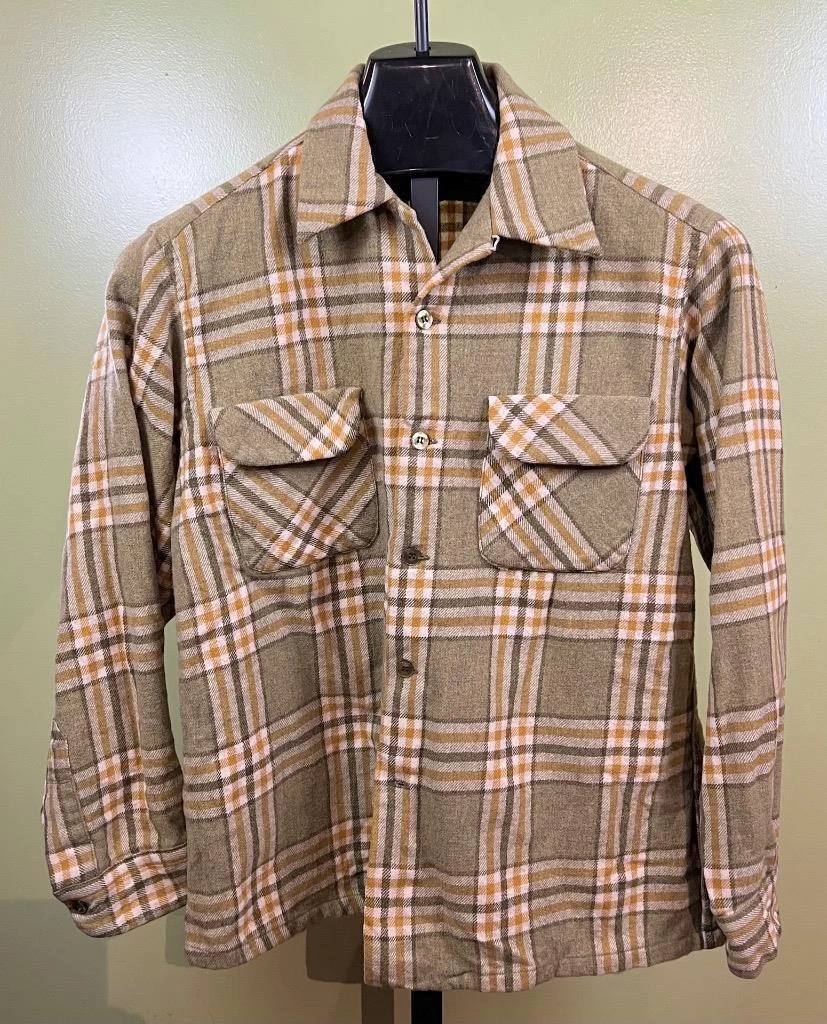 Vintage Pendleton Shirt sz Large 1950's Green Mustard Plaid Wool Flannel Loop