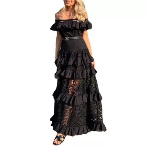 Abito lungo donna in pizzo con arricciature a strati abito trasparente swing - Foto 6 di 12