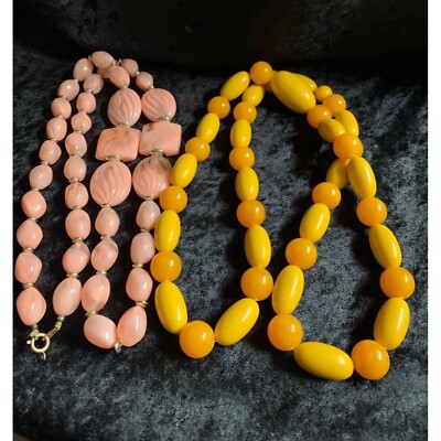 Vintage Custome Plactic Bead Necklaces Yellow Pink Set of 2