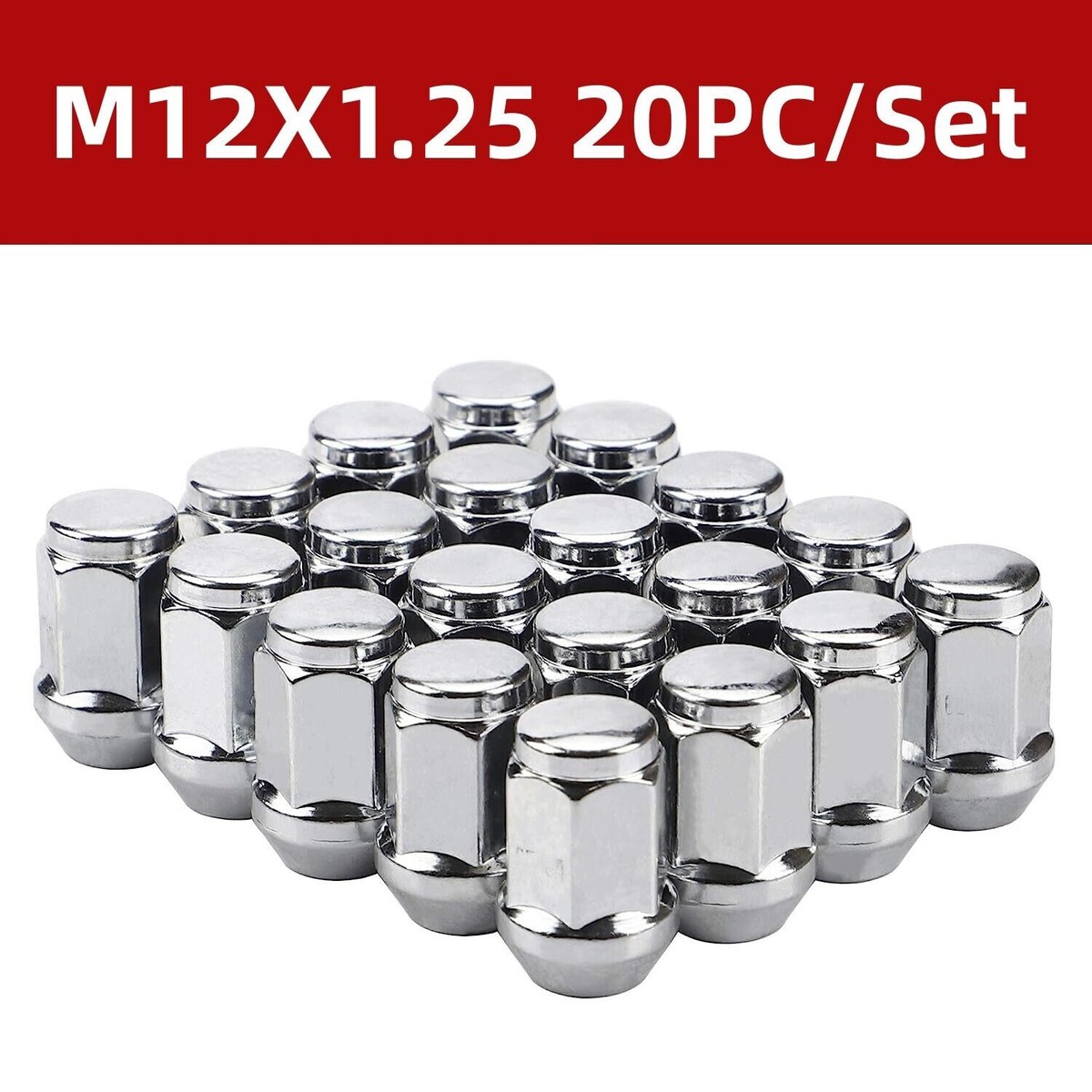 Pack Of 20 Bulge Acorn Lug Nuts - M12x1.5 Thread, 19mm Hex, Chrome Plated Steel