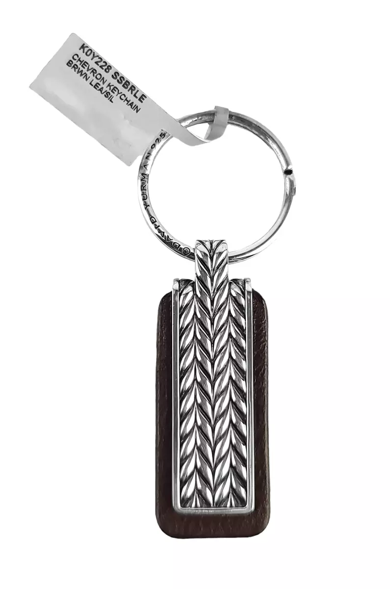 DAVID YURMAN .925 STERLNG SILVER BROWN LEATHER CHEVRON KEYCHAIN KEY RING NEW
