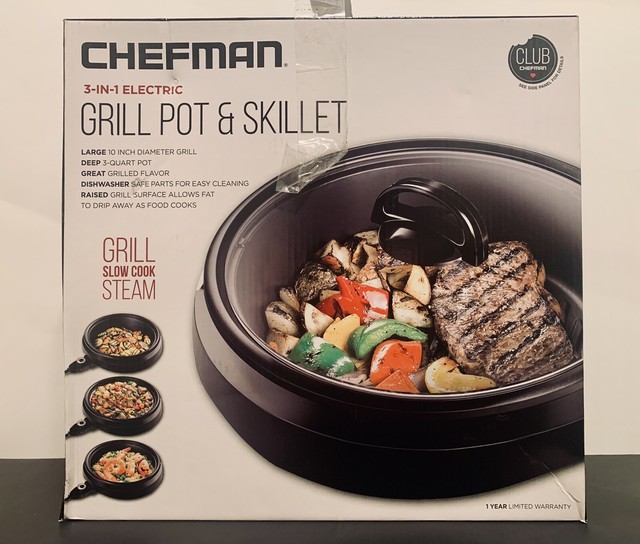 Chefman 3in1 Electric Grill Pot Skillet Slow Cooker & Steamer 3qt