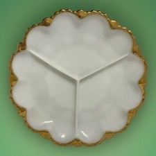 Vintage Anchor Hocking White Milk Glass Divided Relish Dish Scalloped Gold Rim