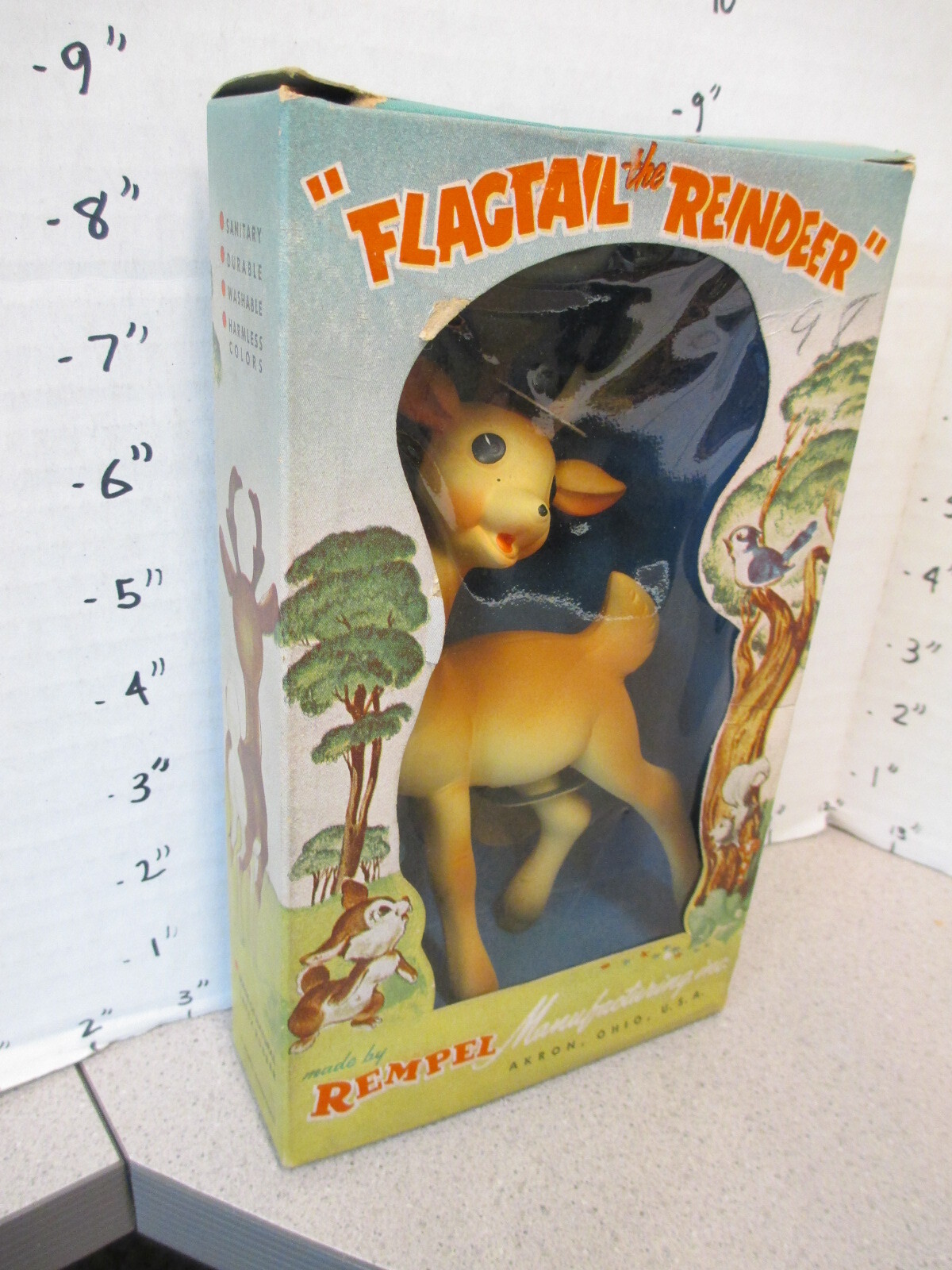 Rempel 1950s FLAGTAIL REINDEER deer rubber squeeze toy Christmas MIB boxed