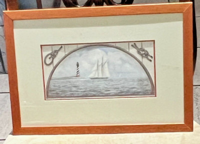 Vtg Wall Art Sailboat Lighthouse Nautical Offset Lithograph Framed Arnie R Fisk