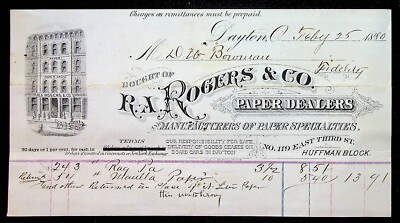 R. A. Rogers & Co. Dayton Ohio Letterhead Receipt 1880 Paper Dealers Third St
