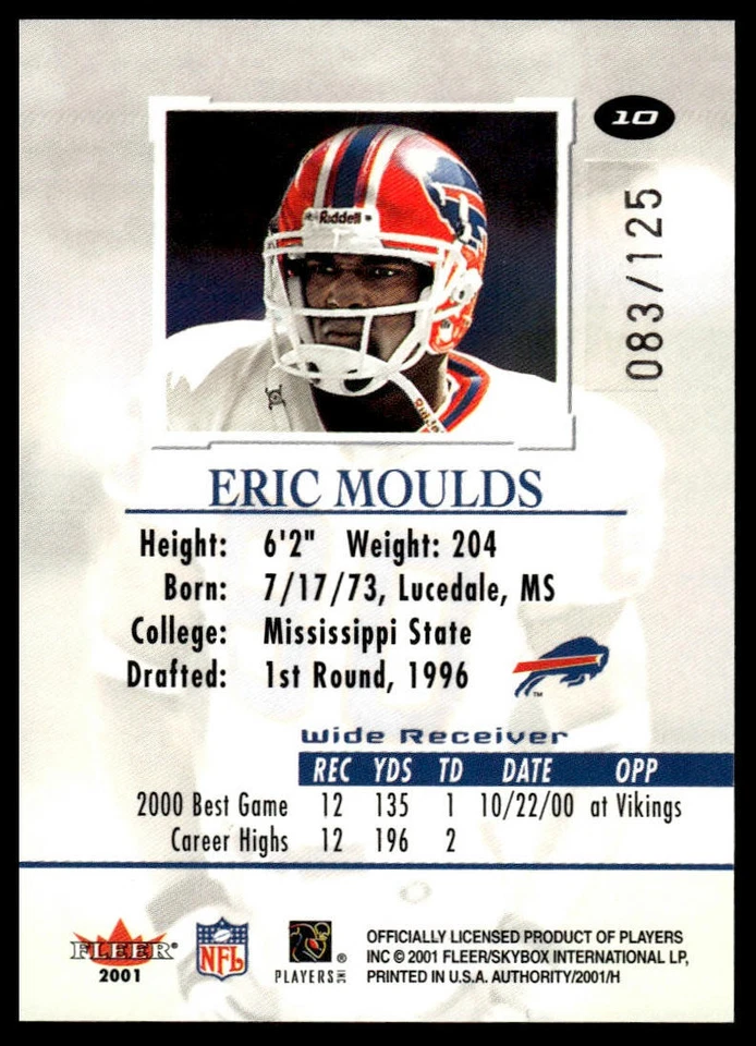 2001 Fleer Authority #10 Eric Moulds Prominence SN125 #/125 - Image 2 of 2