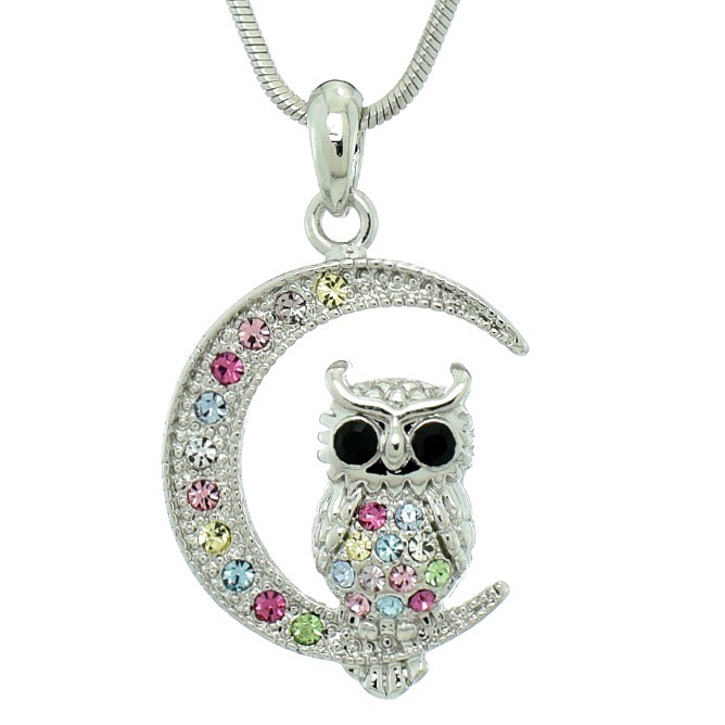 Swarovski Crystal Owl Moon Pendant - Wise Wisdom Symbol in Multicolor