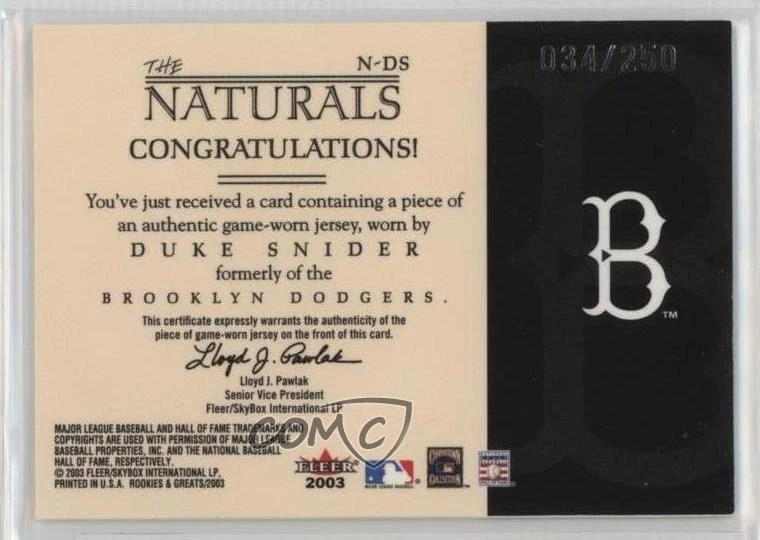 2003 Fleer Rookies & Greats The Naturals Game-Used /250 Duke Snider #N-DS HOF - Image 2 of 2