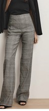 Veronica Beard Jude Linen-Blend Wide-Leg Pant Grey Plaid High-Rise Trouser