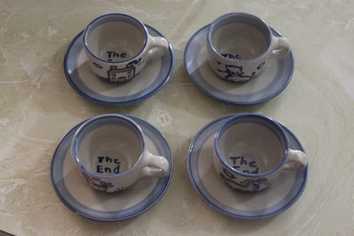M. A. HADLEY POTTERY FARM SCENES SET OF ( 4 ) CUP & SAUCER SETS THE END