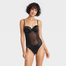 Women's Satin and Mesh Lightly Lined Lingerie Bodysuit - Auden Large