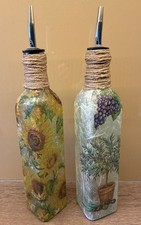 Set of 2 rustic oil drizzler bottles olive sunflower decoupaged