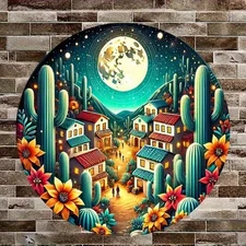 1pc 2D 1pc 7.87x 7.87inch Aluminum Round Wall Art- Rustic Night Scene Metal Sig