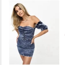 NWT ASOS Parisian denim ruched front bardot mini dress in acid wash  Size US 4