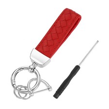 Leather Car Keychain, 5" Key Chain with D Ring and Silver Key Ring, Red