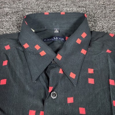 Vtg Casa Moda Button Up Shirt Mens Small 37/38 Black Geometric Block Pattern 90s