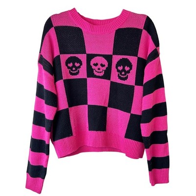 No Boundaries Skull Sweater Womens Pink Black Emo Scene Goth Y2K Grunge M L