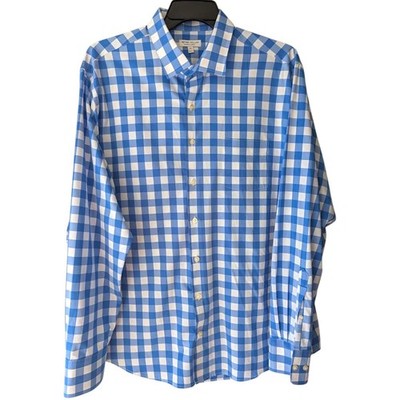 Peter Millar XL Blue White Gingham Van Ness Sport Shirt Summer Comfort Polyester