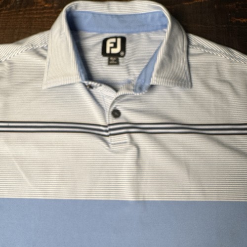 FootJoy Men’s Lisle Engineered  Pintsripe Polo Navy and Lagoon White Medium - Picture 2 of 10